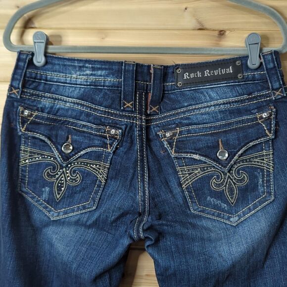 Rock Revival Jeans Womens 29 Blue Sora Bootcut Dark Wash Lowrise 33" Inseam - Picture 5 of 13